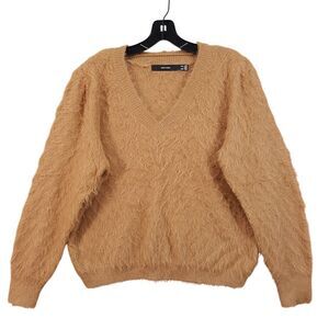 VERO MODA Sweater Womens XL Tan Pullover V-Neck Fuzzy Eyelash Chunky Knit